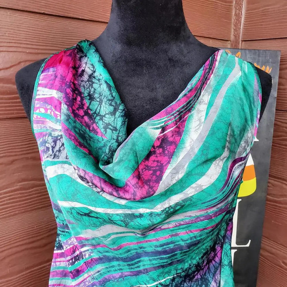 Elementz Abstract Multicolor Sleeveless Silky Draped Collar Blouse Women's Small - Picture 6 of 15